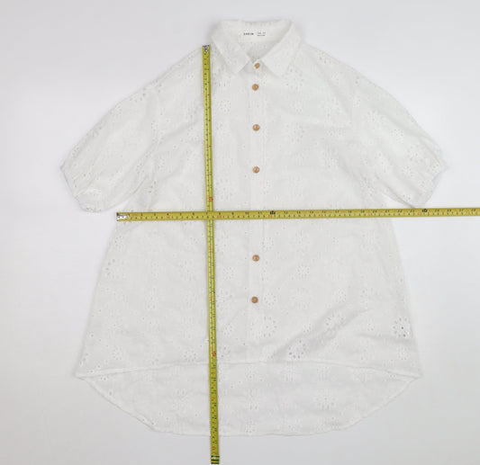 SHEIN White Floral Embroidered Button-Up Shirt Teens L