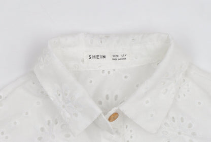 SHEIN White Floral Embroidered Button-Up Shirt Teens L