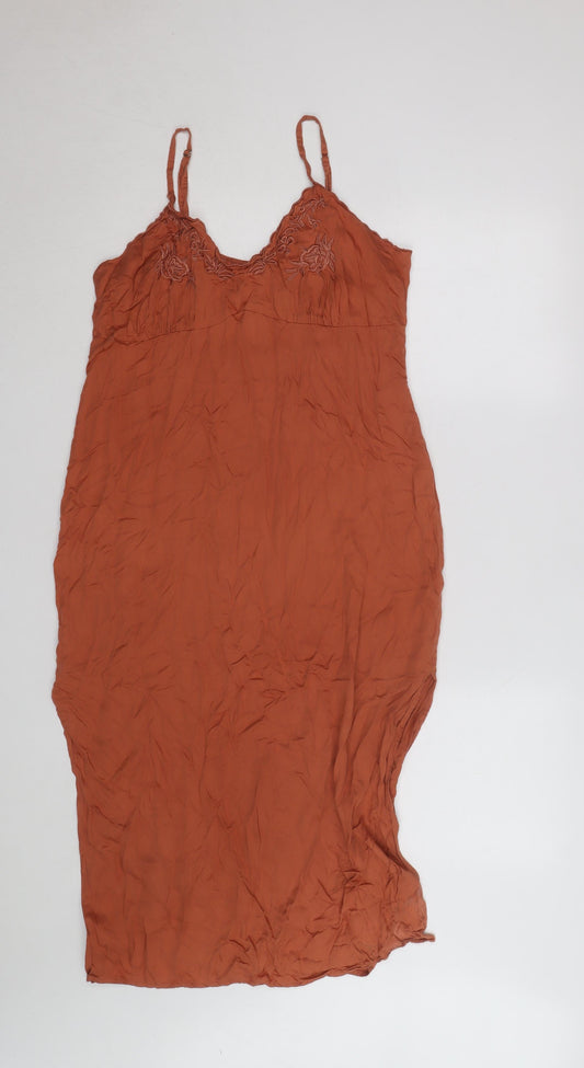 River Island Women's Brown Embroidered Slip Dress Size 8 Midi
