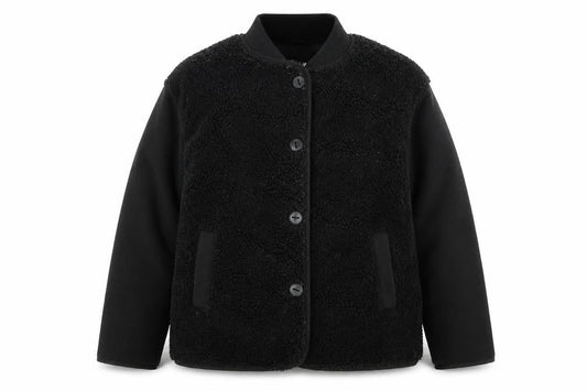 Front view of ASOS DESIGN Men's Black Faux Fur Bomber Jacket, size S