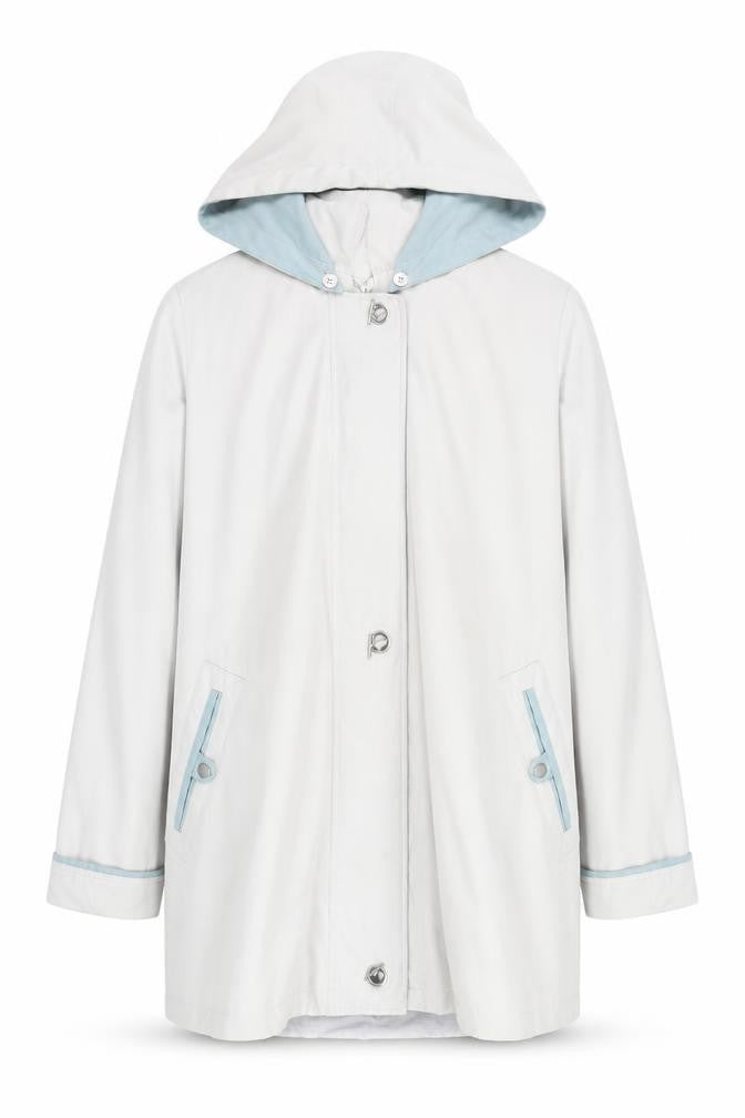 Front view of Aberille unisex white hooded rain coat, size 16, mid-length cotton blend