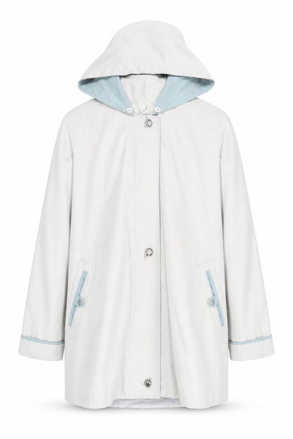 Front view of Aberille unisex white hooded rain coat, size 16, mid-length cotton blend