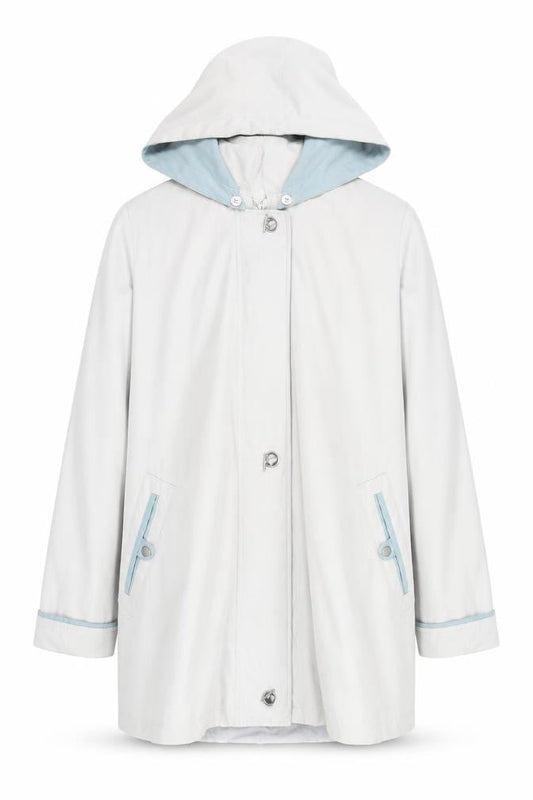 Front view of Aberille unisex white hooded rain coat, size 16, mid-length cotton blend