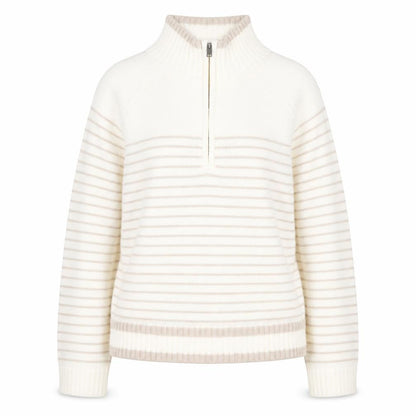 Dunnes Stores Women Ivory Striped 1/4 Zip High Neck Jumper Size 14
