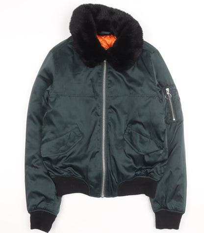 Topshop Women Green Faux Fur Collar Bomber Jacket Size 8