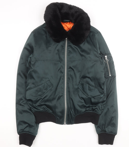 Topshop Women Green Faux Fur Collar Bomber Jacket Size 8