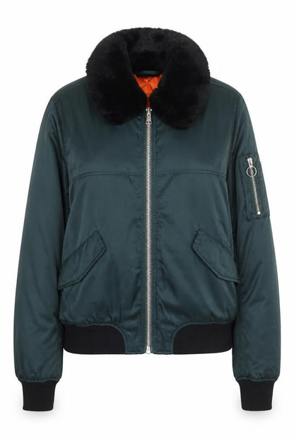 Topshop Women Green Faux Fur Collar Bomber Jacket Size 8