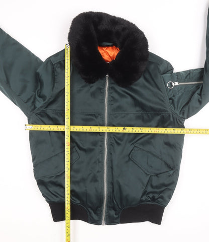Topshop Women Green Faux Fur Collar Bomber Jacket Size 8
