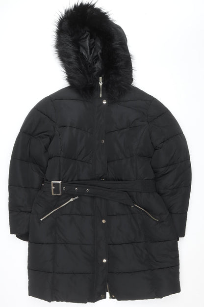 Sosandar Women’s Black Long Puffer Coat Size 18 Belted Hooded Winter Jacket
