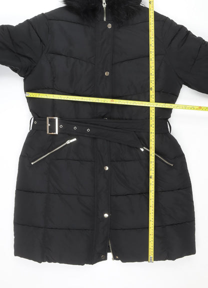 Sosandar Women’s Black Long Puffer Coat Size 18 Belted Hooded Winter Jacket