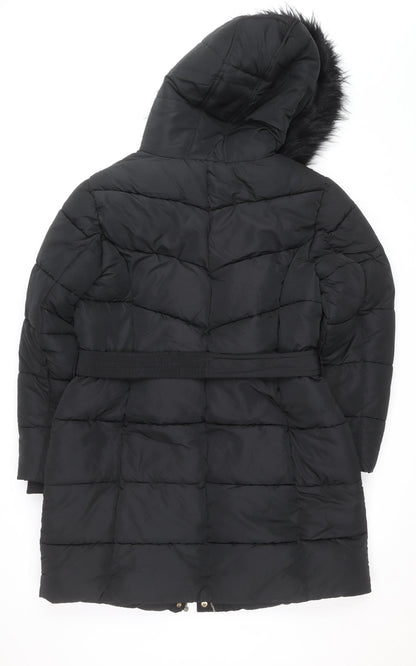Sosandar Women’s Black Long Puffer Coat Size 18 Belted Hooded Winter Jacket