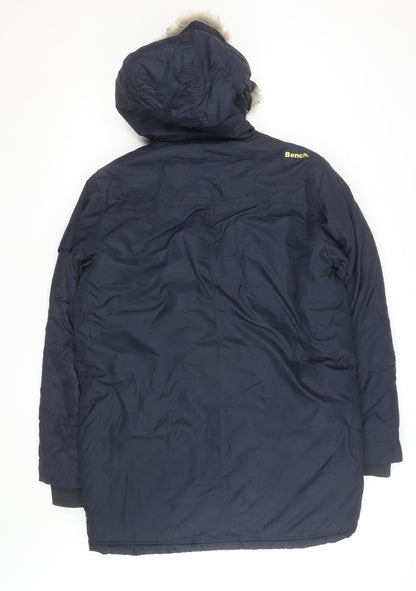 Bench Mens Blue Hooded Parka Jacket L Faux Fur Trim Winter Coat