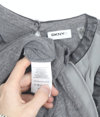 DKNYC Women's Grey Sleeveless Chiffon Top XS Faux Leather Trim