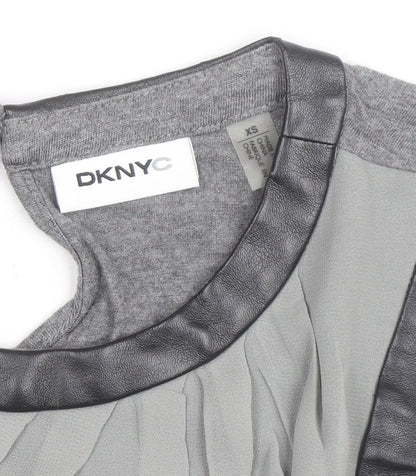 DKNYC Women's Grey Sleeveless Chiffon Top XS Faux Leather Trim