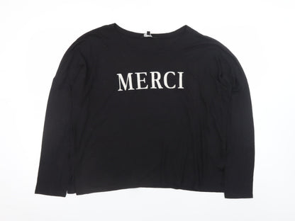 New Look Women Black Long Sleeve Merci T-Shirt UK 14 Polyester Linen Blend
