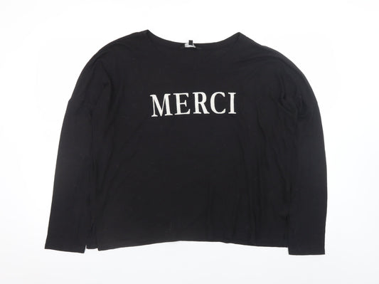 New Look Women Black Long Sleeve Merci T-Shirt UK 14 Polyester Linen Blend