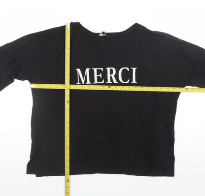 New Look Women Black Long Sleeve Merci T-Shirt UK 14 Polyester Linen Blend