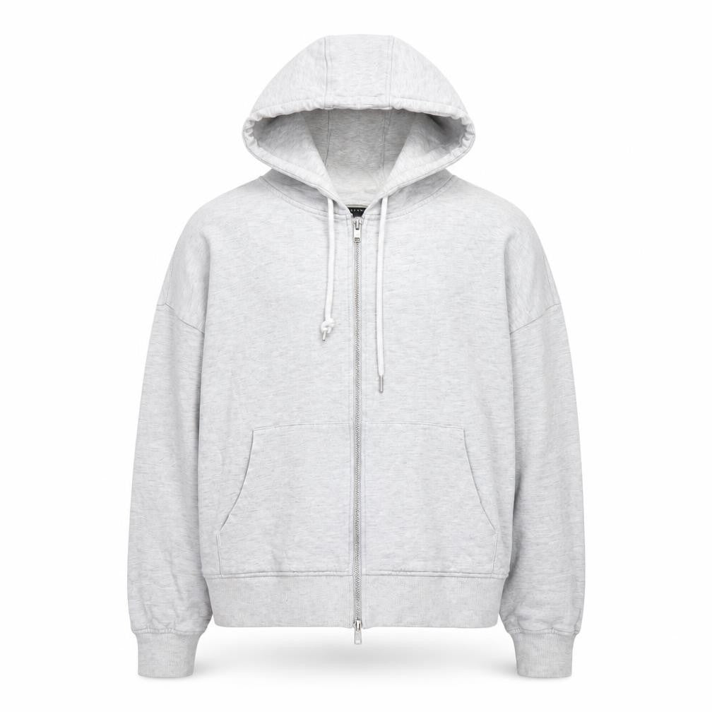 Front view of ASOS DESIGN unisex grey full zip hoodie, size S, relaxed fit