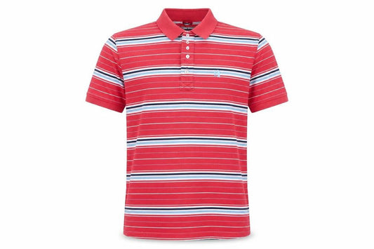 Front view of Fila men’s red striped classic fit cotton polo shirt, size M
