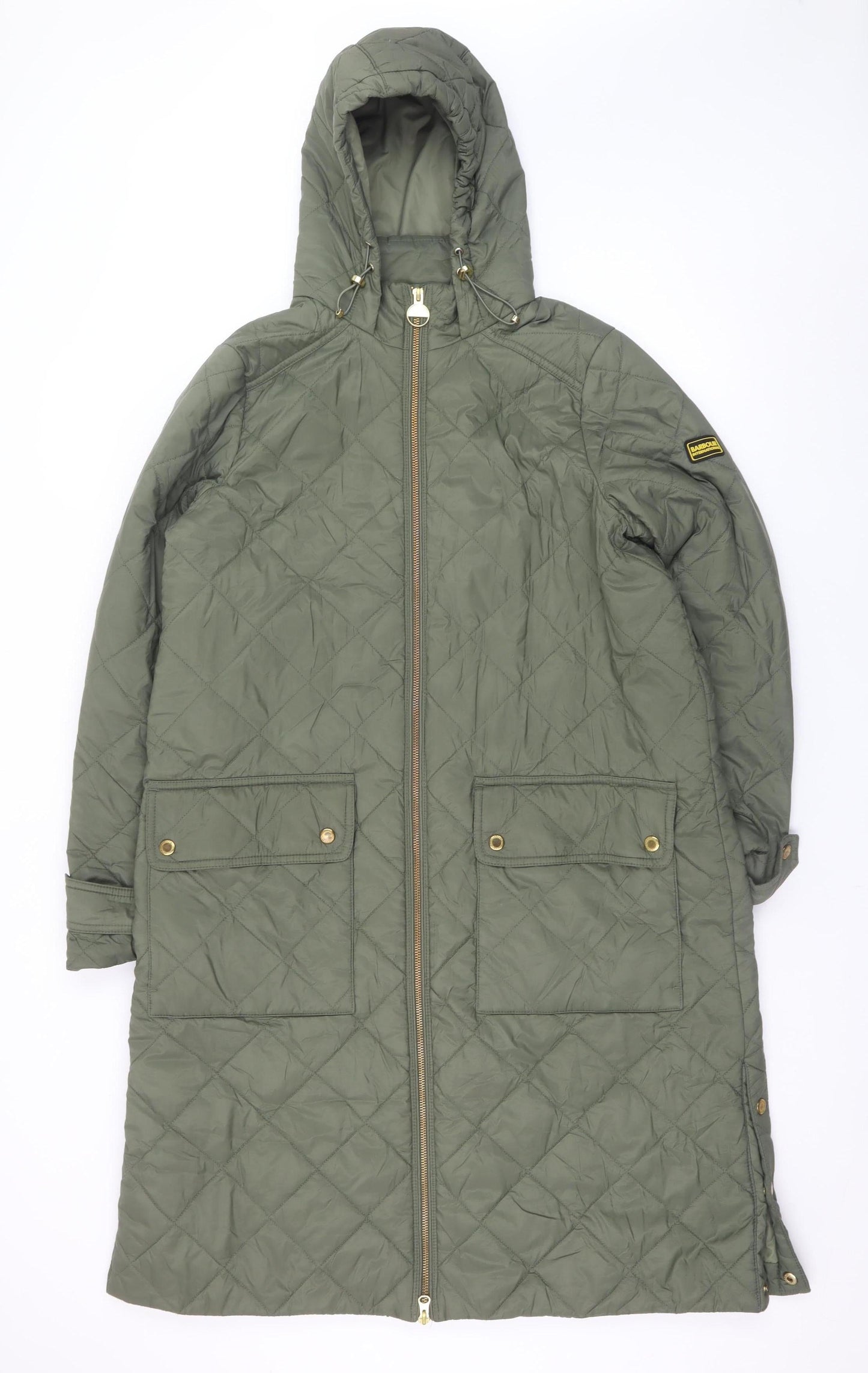 Barbour International Women's Green Quilted Long Hooded Coat UK 12