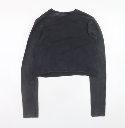 Bershka Women Black Cropped Long Sleeve Seoul Graphic T-Shirt Size S