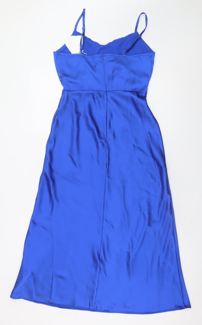 Quiz Women Blue Satin Slip Dress Size 10 Midi Belted Strappy