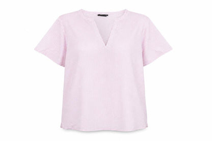 b.young Women's Pink Geometric Short Sleeve V-Neck Blouse Size 8