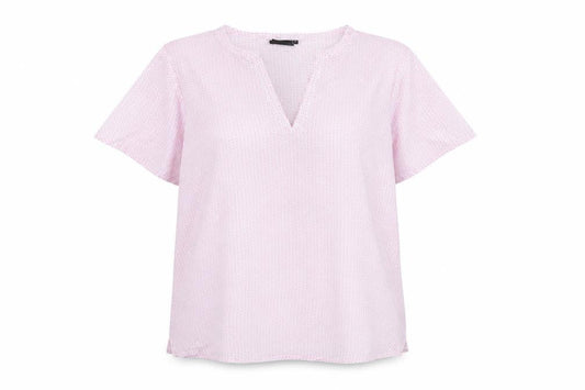 b.young Women's Pink Geometric Short Sleeve V-Neck Blouse Size 8