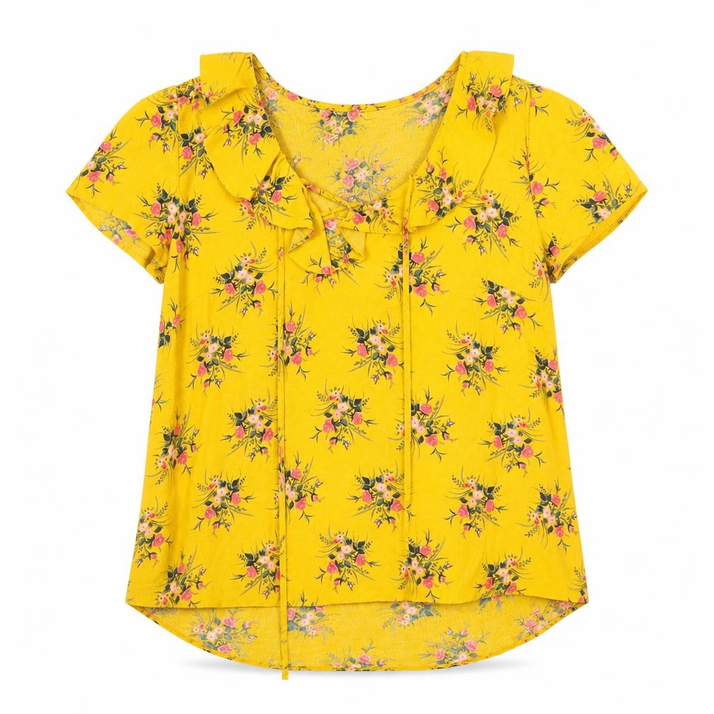 Dorothy Perkins Women's Yellow Floral Short Sleeve Blouse UK 8 Viscose