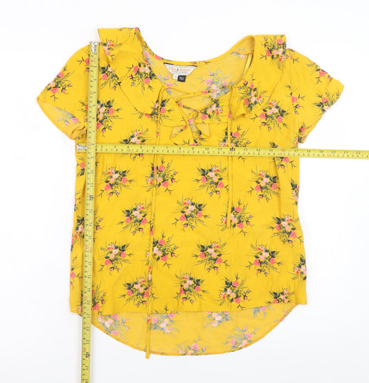 Dorothy Perkins Women's Yellow Floral Short Sleeve Blouse UK 8 Viscose