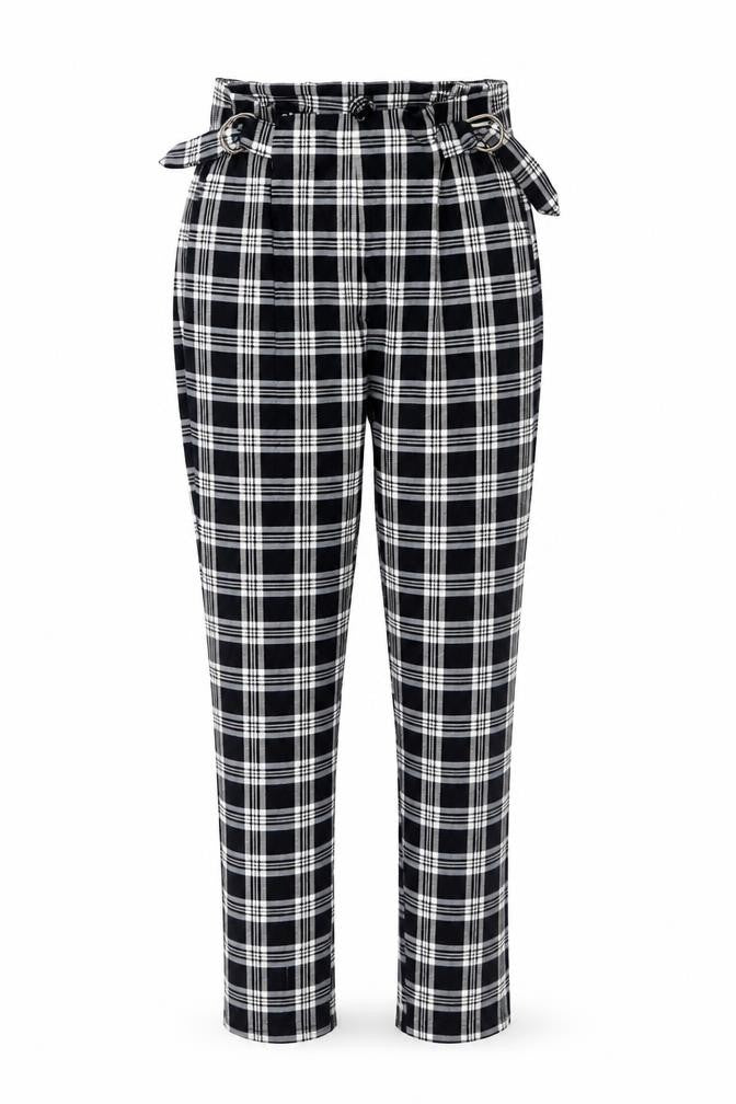 Bershka Womens Black Plaid Paperbag Tapered Trousers Size S