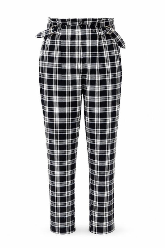 Bershka Womens Black Plaid Paperbag Tapered Trousers Size S
