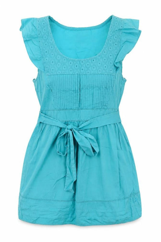 Front view of Mantaray Women's Blue Cotton Fit & Flare Summer Dress, size 8