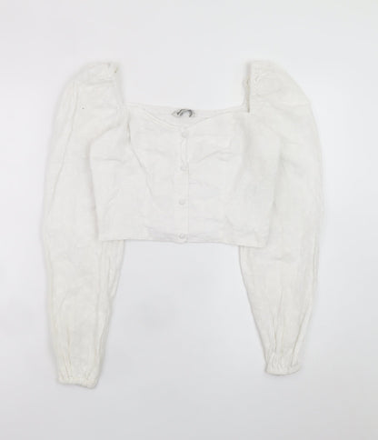 Stradivarius Women’s White Cropped Lace Blouse Puff Sleeve Size 8