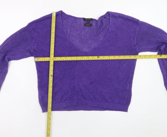 Massimo Dutti Women Purple Small V-Neck Long Sleeve Linen Jumper