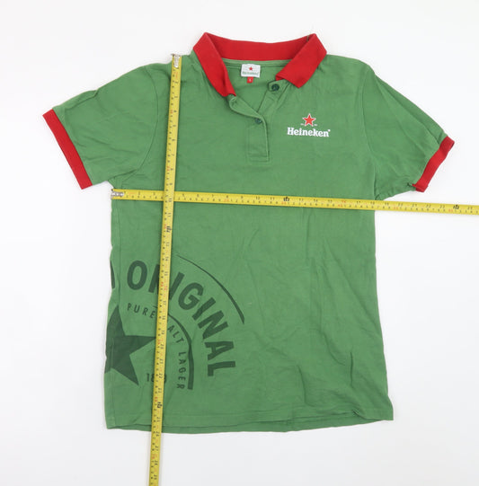 Heineken Men’s Green Red Trim Polo Shirt L Logo Casual Top