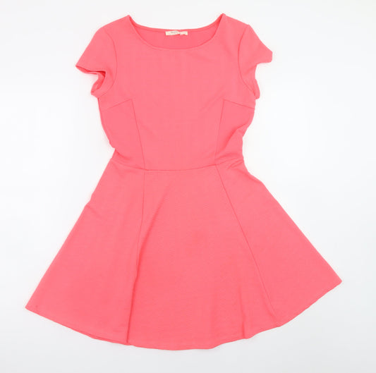 Bershka Women's Pink Skater Dress Size 12 Short Sleeve Scoop Neck