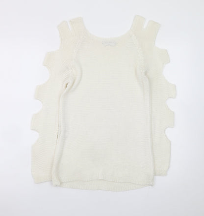 Hailys Women White Cold Shoulder Knit Pullover Jumper M