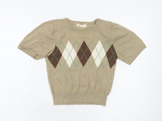 STR Women’s Beige Argyle Short Sleeve Knit Pullover Jumper Size 12