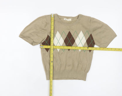 STR Women’s Beige Argyle Short Sleeve Knit Pullover Jumper Size 12