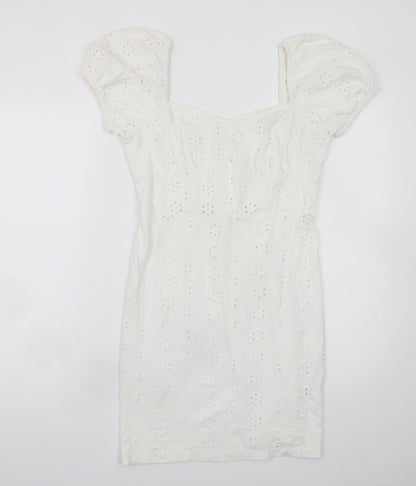 ASOS Women White Size 10 Short Puff Sleeve Cotton Shift Dress