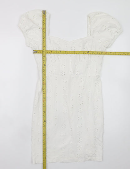 ASOS Women White Size 10 Short Puff Sleeve Cotton Shift Dress