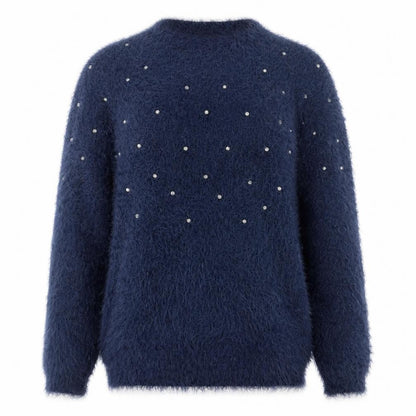 Quiz Women's Blue Beaded Fuzzy Knit Long Sleeve Jumper S