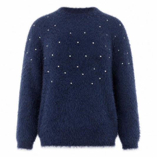 Quiz Women's Blue Beaded Fuzzy Knit Long Sleeve Jumper S