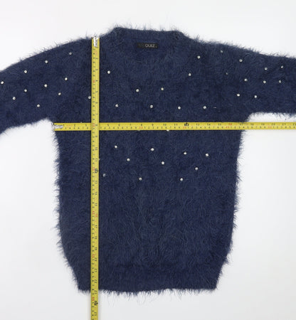 Quiz Women's Blue Beaded Fuzzy Knit Long Sleeve Jumper S