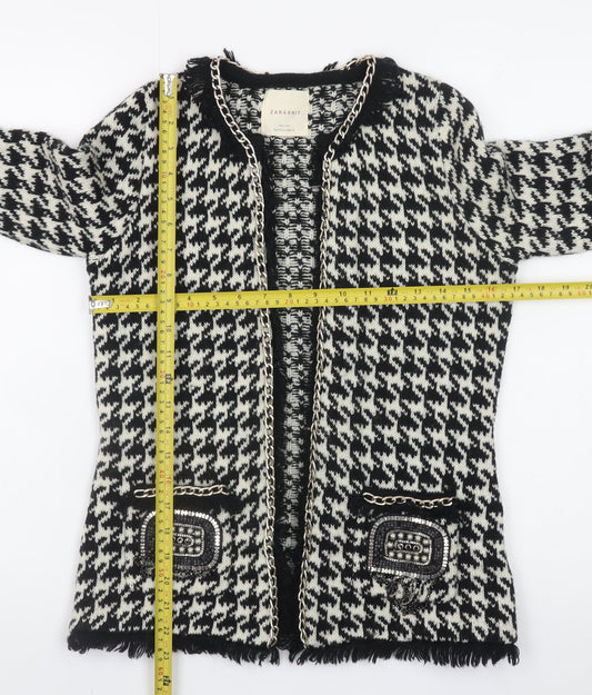 ZARA Knit Women Black & White Cardigan Small Houndstooth Beaded