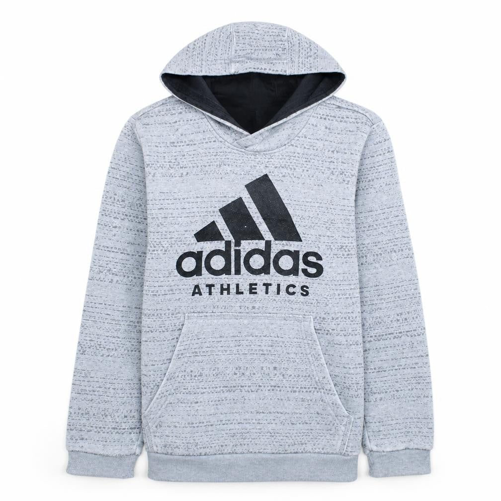 Front view of Adidas boys’ grey hoodie 11-12 years pullover fleece athletic logo
