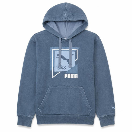 Front view of Puma Men's Blue Pullover Hoodie, size S, Graphic Fleece Sweatshirt