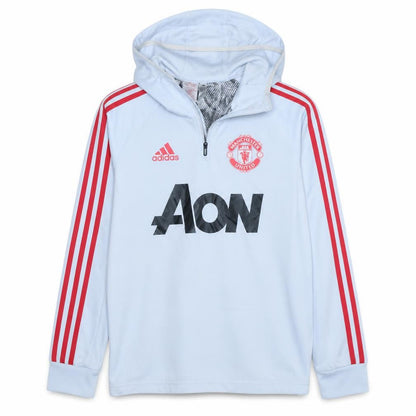 Front view of Adidas boys’ light blue manchester united hoodie 13-14 years pullover hooded top