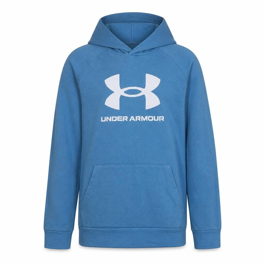 Front view of Under Armour boys’ blue hoodie yxl loose fit cotton blend pullover